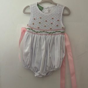 White Smocked Bubble with pink flower detailing